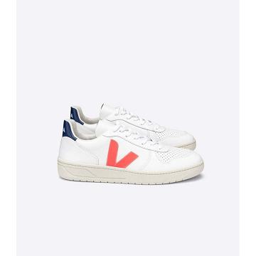 Veja V-10 LEATHER Women's Sneakers White/Orange/Blue | CA 646JPQ